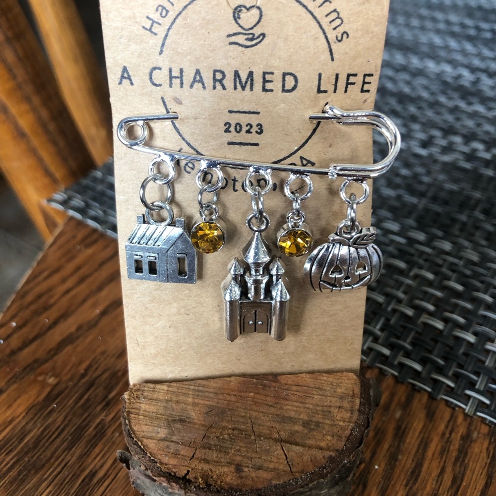 NWT, Handmade by A Charmed Life. Beautiful 2” Silver Pin & Charms